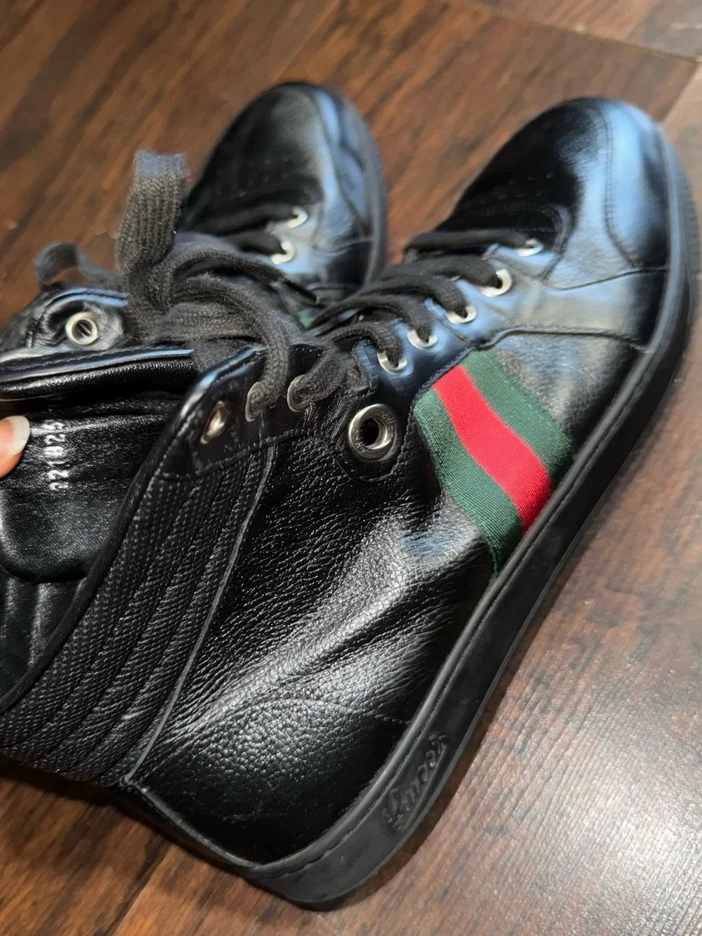 Gucci Black Leather High-Top Boots with Green and Red Web Stripe